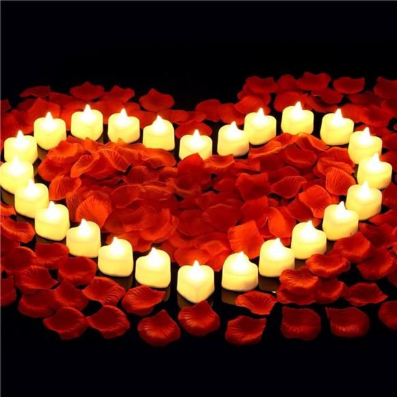 2000 Pieces Artificial Rose Petals with 24 Pieces LED Tea Lights Candles - Picture 1 of 7